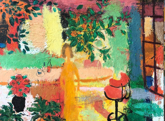 Red bar chair 《红色吧椅》20x16in  2020 oil on board.jpg